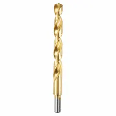 This jobber-length drill bit features a TiN-coated high-speed steel construction with a parabolic flute design for efficient chip evacuation in deep-hole drilling. The 135° split point reduces walking and improves penetration. Suitable for general metalworking applications in fabrication and maintenance.