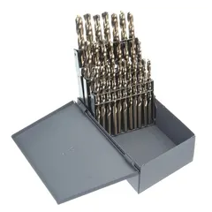 This 26-piece jobber-length drill bit set includes sizes A to Z with a 135° split point and straw/bronze cobalt finish. Designed for aerospace applications requiring NAS 907 Type J compliance, the set is organized in a metal index. The cobalt construction and split point reduce walking and improve heat resistance when drilling tough materials.