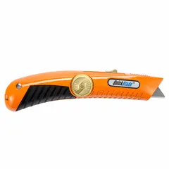 This automatic retracting utility knife features a rubberized, high-visibility orange handle with a metal body and a steel blunt tip. It has a quick-change blade mechanism. Overall length is 7 inches, overall width is 1-1/2 inches. Suitable for cutting cardboard, shrink wrap, tape, and packaging materials.