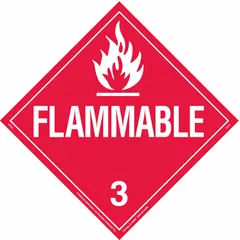 DOT placard for identifying containers holding Class 3 flammable liquids during transport. Measures 10 3/4 x 10 3/4 inches with 'Flammable 3' message. Used on shipping containers, drums, and vehicles to meet hazardous materials labeling requirements.