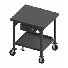 Fully assembled steel-top mobile worktable with a powder-coated top and frame. Mounted on phenolic casters with plate mounts for mobility. Includes one drawer (19-7/16 in depth, 13-5/16 in width, 4-15/16 in height). Fixed-height design with a 3,600 lb overall load capacity. Suitable for industrial workstations, assembly areas, and maintenance tasks requiring a sturdy, movable work surface.