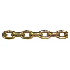 Grade-70 carbon steel load-securing chain with straight welded links. Used for heavy-duty tie-down and towing applications, such as securing cargo on flatbed trailers and construction equipment.