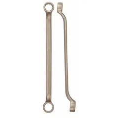 This nonsparking wrench is designed for use in hazardous environments where sparks could ignite flammable gases or dust. It features a double-end, 12-point box end with 13 mm and 15 mm head sizes, a 9-inch overall length, and a 15° head offset angle. Suitable for tightening or loosening metric fasteners in applications requiring spark-resistant tools.