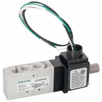 Double solenoid, five-way/two-position directional control valve with solenoid return and non-locking manual override. Plug-in design for 24V DC operation. Suitable for directing compressed air in industrial pneumatic systems such as automation, packaging, and material handling equipment