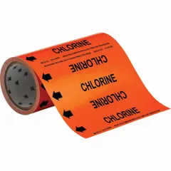 Orange adhesive pipe markers with black 'Chlorine' legend and directional arrows, designed for pipes with outside diameter of 2 inches and smaller. Each roll contains 30 markers, suitable for identifying chlorine lines in piping systems.