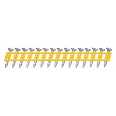 These collated concrete nails are 3/4" long with a zinc-plated finish, flat head, smooth shank, and diamond point. Made of steel, they are designed for fastening materials to concrete, masonry, or block in construction and general building applications. Supplied in a 1,000-count pack.