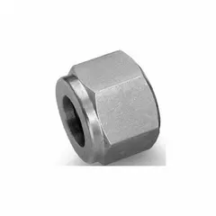 This compression tube fitting nut is made from nickel-copper alloy for corrosion resistance. It is sized for 1/2 inch tubing and rated for temperatures from -320°F to 500°F. Suitable for use in chemical processing, oil and gas, and marine applications where leak-tight connections are required.
