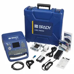 This portable label printer features Bluetooth connectivity and a 2-inch print width with 300 dpi resolution. It includes a battery, USB cable, halogen-free printer ribbon (M7-R6000), and Brady Workstation Basic Design Suite software. Suitable for on-demand identification labeling in industrial environments such as asset tracking, cable marking, and safety signs.