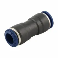 This push-to-connect tube fitting connects 1/2 in OD and 5/16 in OD tubing without tools. Made of nylon and nickel-plated brass in black/blue. Used in pneumatic systems for quick, secure connections in automation and material handling