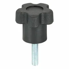 This 5-arm knob features a plastic body with a steel threaded stud for manual clamping, positioning, and adjustment on industrial machinery, jigs, and fixtures. Thread size is 1/4"-20 with a 1 in thread length. Suitable for frequent hand-tightening applications.