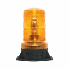 Amber LED wired rotating light for pole mounting. Overall length 5 in, width 3 7/8 in, diameter 2 1/4 in. Used as a visual warning signal on industrial vehicles, material handling equipment, and machinery.