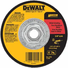 This DEWALT depressed center grinding wheel is a Type 27 general-purpose wheel for carbon and stainless steel. It measures 4-1/2" diameter by 1/4" thickness with a 5/8"-11 arbor, made of aluminum oxide with 24 grit. Suitable for material removal, weld smoothing, and surface preparation in metalworking applications.