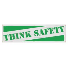Poly sheeting banner printed on one side. Nominal size 28 in x 96 in. Suitable for indoor and outdoor use. Used for general safety messaging in industrial environments.