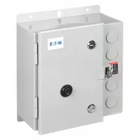 Enclosed non-reversing starter with electronic overload protection, 3 poles, NEMA Size 2, 45 A rating, and 120V AC coil. Includes pilot light and auxiliary contacts (1NO/1NC). Suitable for starting and protecting three-phase motors in industrial applications such as conveyors, pumps, and fans