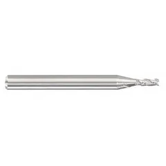 This carbide corner-chamfer end mill features a reduced neck for fast cutting. With a 1/32" mill diameter, 0.003" chamfer, 3 flutes, and 3/64" length of cut, it is used in CNC milling to create 45° chamfers, deburr edges, and prepare workpieces for welding or assembly in metalworking and mold-making applications.