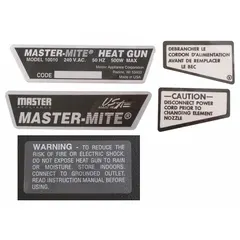 Replacement label for Master Appliance 10010 power tool. Restores identification and branding after original label wears or peels off. Manufactured by MASTER APPLIANCE.