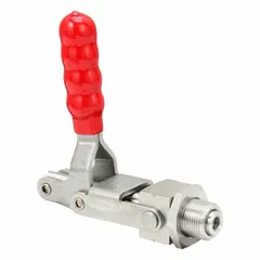 This standard straight-line toggle clamp features a vertical handle and through-hole base mounting. The 3/8-16 thread size allows for secure workpiece holding in jigs, fixtures, and assembly operations. Suitable for repetitive clamping tasks in woodworking, metalworking, and general manufacturing.