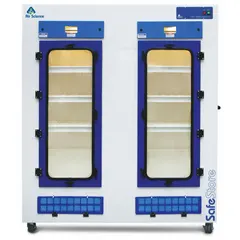Fully assembled filtered storage enclosure for chemical storage. Includes an integrated blower for continuous ventilation, managing fumes without external ducting. No base, stand, or work surface required. Overall depth 24 inches.