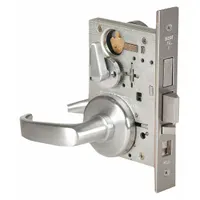 This BEST Office Lever Lockset features a satin chromium-plated stainless steel finish with a 40H rose and F20 function. It is ADA compliant and includes an interchangeable core for keying flexibility. Designed for interior commercial doors, it allows key-retracted locking from the outside while the inside lever always opens