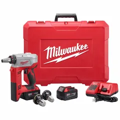 This cordless expansion tool kit is designed for expanding PEX piping up to 1 1/2 in. maximum size. It operates on the M18 platform and includes a 3 Ah battery and charger. The tool enables fast connections for plumbing, radiant heating, and hydronic systems without soldering or glue.