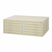 Steel flat file cabinet with five drawers, powder-coated finish in Tropic Sand. Overall height 16 1/2 in, depth 41 1/2 in. Designed for organized storage of large-format documents such as drawings, blueprints, maps, and artwork