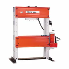 Electric H-frame hydraulic press with 100-ton capacity, operating on 110 V power. Suitable for heavy-duty pressing tasks such as straightening, bending, and pressing bearings or bushings in industrial and automotive settings.