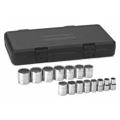 This 15-piece socket set includes 1/2 in drive, 12-point SAE sockets ranging from 7/16 in to 1 in. The sockets feature a friction ball retention mechanism for secure attachment to the drive tool. Suitable for tightening and loosening SAE fasteners in automotive repair, industrial maintenance, and mechanical assembly.