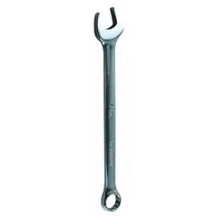 This metric 12-point combination wrench features a 30 mm head size and a 15 1/2 in overall length with an offset design. It is constructed from alloy steel with a chrome finish. The 12-point box end provides secure engagement on hex fasteners, while the open end allows for quick positioning. Suitable for tightening or loosening metric fasteners in automotive, industrial, and mechanical maintenance applications.