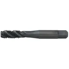 General purpose spiral-flute tap for threading blind holes. Features a bottoming chamfer for threading to the bottom of a hole. Black oxide cobalt finish. 2-flute design. #4-40 UNC thread size, H3 / 3B tolerance. Suitable for through-hole or blind-hole operations requiring chip evacuation.