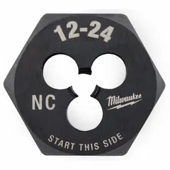This solid hex rethreading die is used to restore damaged or dirty #12-24 UNC threads on bolts, studs, and screws. Made from black oxide carbon steel with a 1-inch hex width, it is suitable for hand or tool use in maintenance, repair, and fabrication tasks.