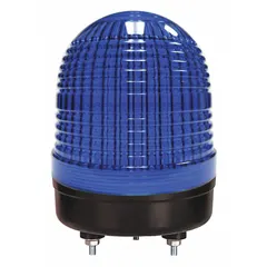 Blue LED warning light for industrial signaling applications. Operates on 90 to 240V AC. Threaded mount for secure installation on machinery or panels. Overall height 4 1/2 in, diameter 3 3/8 in.