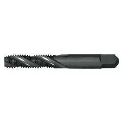 This spiral-flute tap is designed for threading blind holes in materials such as steel and aluminum. The spiral flute design evacuates chips upward, preventing clogging and ensuring clean threads. It features a bottoming chamfer for threading to the bottom of a hole, with H3 / 2B tolerance and 3 flutes. Commonly used in general manufacturing and maintenance operations.