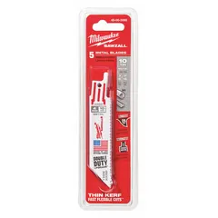 These reciprocating saw blades are designed for cutting thick metal. Each blade has a 4-inch length and 0.04-inch thickness, with 10 teeth per inch for efficient cutting. The straight cutting edge and flexible curved-cut geometry allow for both straight and curved cuts in metal sheets, pipes, and structural steel. Sold in a 5-pack.