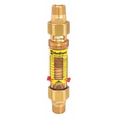 This inline variable area flowmeter measures water flow in gallons with +/-5% accuracy. It features a scale display, Buna-N seals and O-rings, and universal mounting orientation. Suitable for monitoring flow in water lines, cooling circuits, and process systems.
