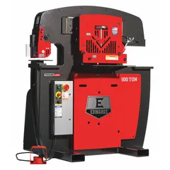 This 4-station ironworker delivers 100 Tonf hydraulic force and operates on 460V AC three-phase power at 23 A. It includes a punch station with 1 in capacity and external hydraulic power output for metal fabrication tasks requiring high-force punching.