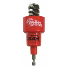 This WEILER inside/outside diameter cleaning brush features a 1 in diameter and 0.01 in fill diameter, with a 1/4 in stem. Made of stainless steel, it is suited for cleaning internal and external surfaces of industrial parts in machining, metalworking, and maintenance applications.