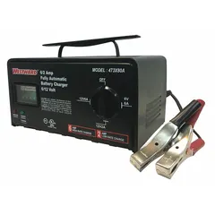 Automatic benchtop charger for AGM and lead-acid batteries with auto on/off operation. Delivers 6 A charging current at 6V and 6 A maintaining current at 12V. Includes 6 ft cable. Suitable for charging and maintaining batteries in fleet and vehicle maintenance applications.