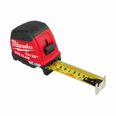 This 26 ft / 8 m tape measure features a magnetic single hook tip for attaching to metal surfaces, enabling one-person measuring. The wide blade provides extended reach, and the manual lock secures the blade. Dual Metric/SAE markings accommodate various job site requirements. Suitable for construction, electrical, and HVAC applications.
