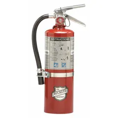 This BUCKEYE fire extinguisher is a 5.5 lb unit rated 40B:C, charged with sodium bicarbonate. It is intended for use on Class B (flammable liquids) and Class C (energized electrical equipment) fires. Typical applications include machine shops, electrical rooms, and maintenance areas where quick suppression of these fire types is required.