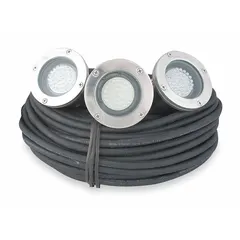 This fountain lighting system uses LED technology for underwater or fountain illumination in decorative ponds, water features, and landscape installations. It operates at 120 W and 120V AC, includes a 100 ft cord for flexible placement, and comes with 3 bulbs.