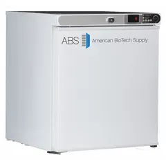 This tabletop lab refrigerator provides 1 cu ft of storage capacity with a temperature range of 1°C to 10°C. It features a white swing solid door that opens left, uses R-600a refrigerant, and includes a temperature alarm. Suitable for storing temperature-sensitive samples, reagents, and media in laboratory environments.