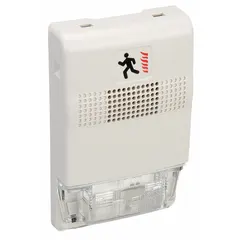 Fire alarm chime with integrated strobe light for audible and visual signaling. Operates on 16 to 33V DC. Overall height 4 1/2 inches, width 2 3/4 inches. Suitable for use in commercial and industrial fire safety systems.