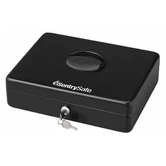 This portable safe offers 0.21 cu ft of storage capacity in a steel body with a key lock. It is not fire rated and features a handle for easy transport. Suitable for securing small valuables, documents, or cash in office or industrial environments.