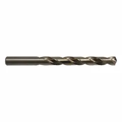 This jobber-length drill bit is made from cobalt steel with a straw/bronze finish, meeting NAS 907 Type B specifications. It features a 135° split point to reduce walking and drilling force. Designed for precision drilling in aerospace applications, it is suitable for use in demanding materials such as hardened steels and superalloys.