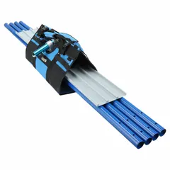 This concrete push float kit features a square magnesium blade and an aluminum handle. It is used for finishing and smoothing freshly poured concrete surfaces, such as slabs, driveways, and patios.