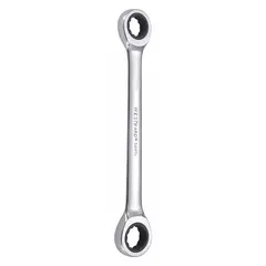 This WESTWARD double end ratcheting box end wrench is made of alloy steel with a chrome finish. It features 16 mm and 18 mm 12-point head sizes and an overall length of 8 1/4 inches. Designed for general industrial fastening tasks, it allows efficient tightening or loosening of nuts and bolts in confined spaces.