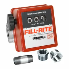 This nutating disc totalizer measures and displays fuel volume in gallons with +/-1% accuracy. It features a 1 in FNPT aluminum body, Viton seals, Buna-N O-rings, and a standard frequency pulse output. Suitable for diesel, gasoline, and other non-corrosive fluids in fuel transfer applications.