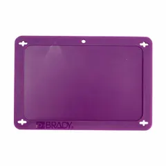 Purple rectangular plastic valve tag measuring 4 11/16 in by 3 3/16 in with a thickness of 0.164 in. Suitable for marking valves, equipment, and safety identification in industrial environments where color-coded tagging is required.