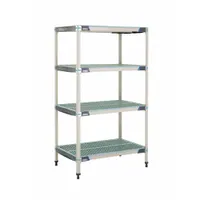 This stationary shelving unit features a 304 stainless steel frame and polymer shelves with antimicrobial resistance. It includes 4 shelves and has an overall height of 62 in. Suitable for industrial environments requiring corrosion resistance and hygiene