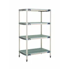 This stationary shelving unit features a 304 stainless steel frame and polymer shelves with antimicrobial resistance. It includes 4 shelves and has an overall height of 62 in. Suitable for industrial environments requiring corrosion resistance and hygiene.